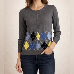 The Limited Gray Argyle Cardigan Sweater Women’s Small | Preppy Classic Knit EUC